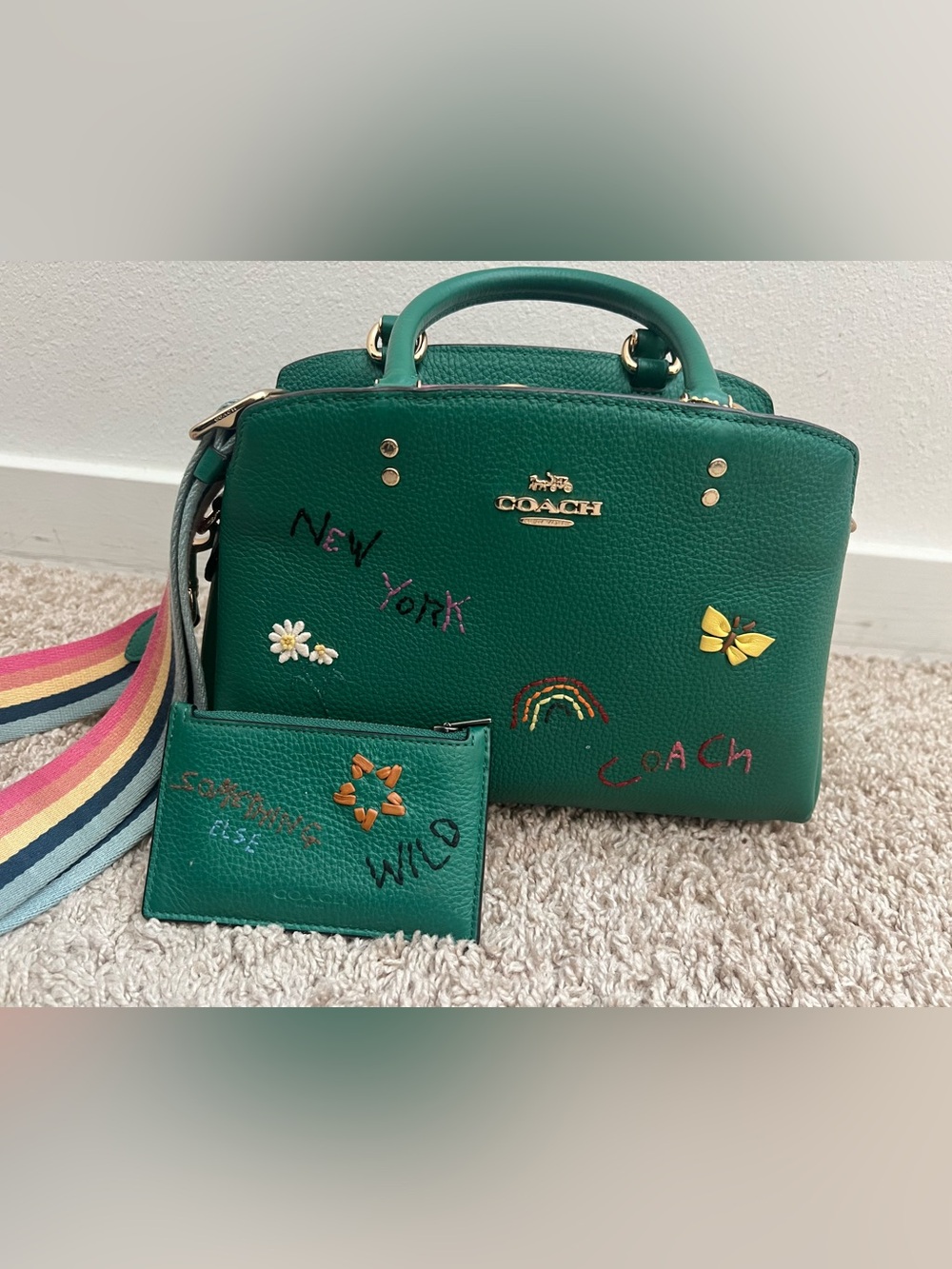 Coach Green Leather Dome Satchel with Striped Rainbow Strap